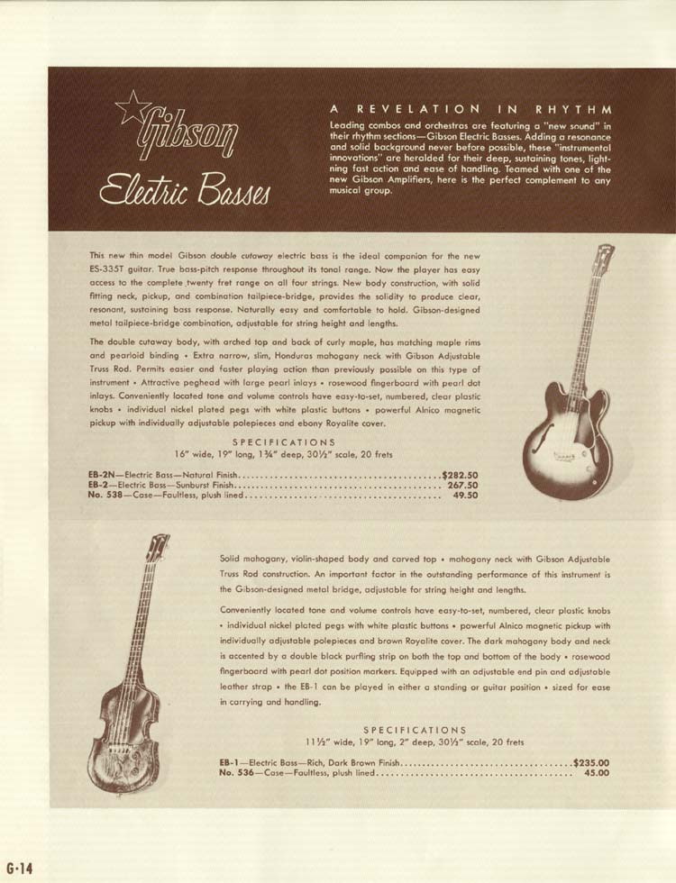 1958 Gibson electric guitars and amplifiers catalog, page 14: Gibson EB-1 and EB-2 bass