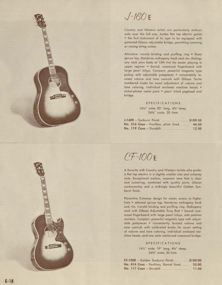 1958 Gibson electric guitars and amplifiers catalog, page 18: Gibson J-160E and Gibson CF-100E