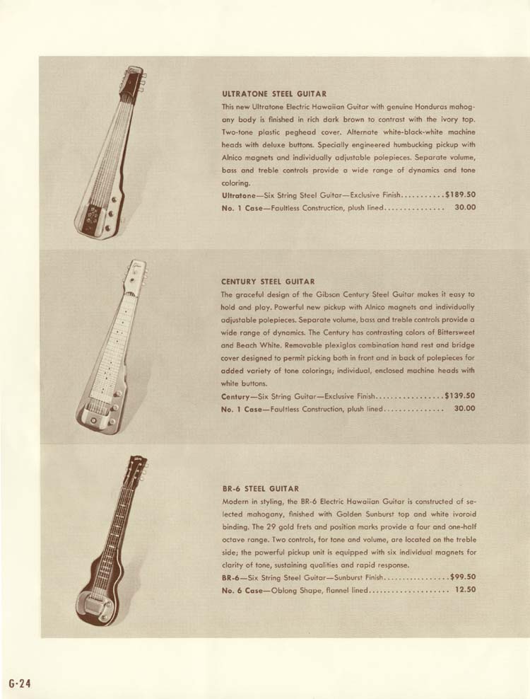 1958 Gibson electric guitars and amplifiers catalog, page 24: Gibson Ultratone, Century and BR-6
