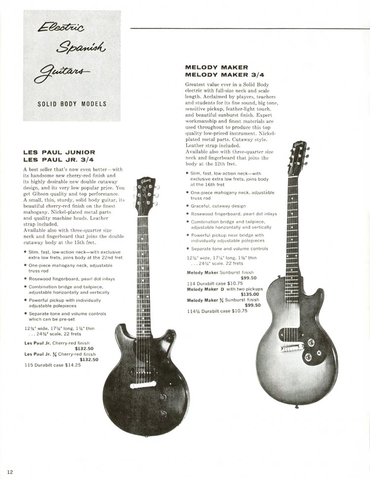 1960 Gibson guitar and amplifier catalog, page 12: Gibson Les Paul Junior and Melody Maker