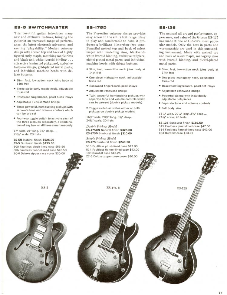 1960 Gibson guitar and amplifier catalog, page 15: ES-5 Switchmaster, ES-175D and ES-125 electric archtop guitars