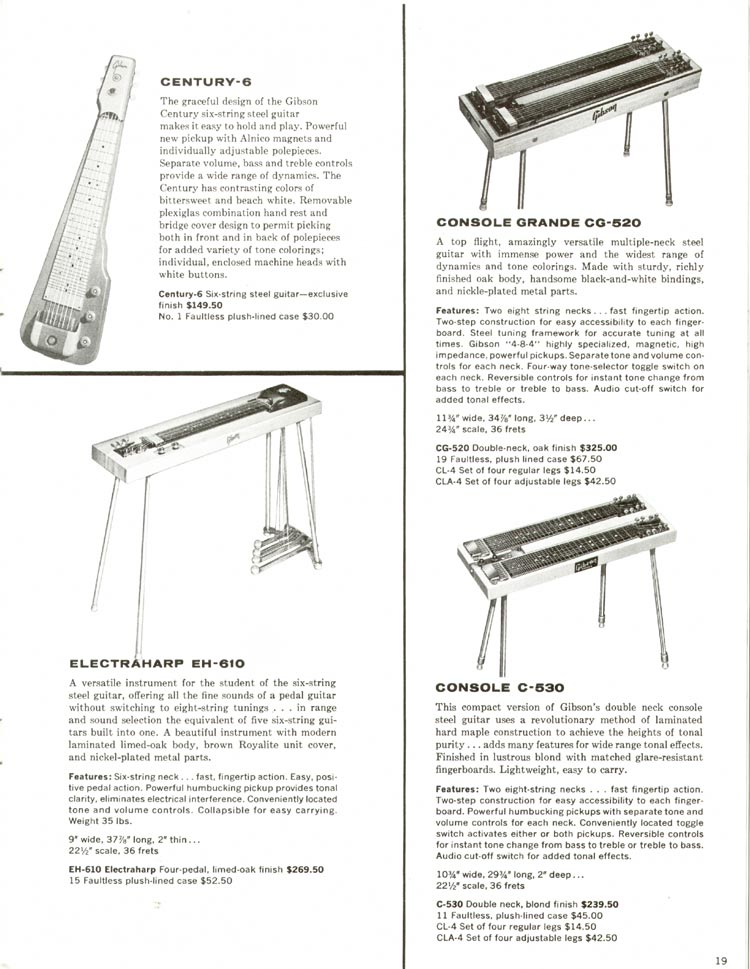 1960 Gibson guitar and amplifier catalog, page 19: Gibson Century-6, Console Grande CG-520, Console C-530 and Electraharp EH-610 electric steel guitars