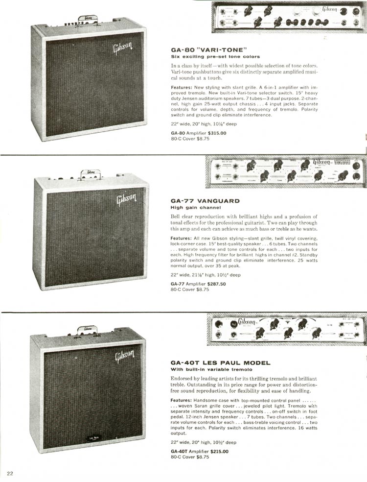 1960 Gibson guitar and amplifier catalog, page 22: Gibson GA-80 Vari-Tone, GA-77 Vanguard and GA-40T Les Paul Model amplifiers