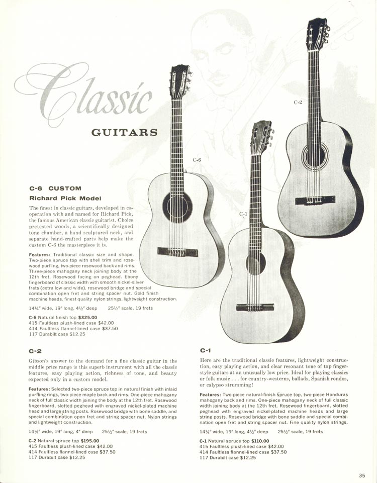 1960 Gibson guitar and amplifier catalog, page 35: Gibson C-1, C-2 and C-6 classic guitars