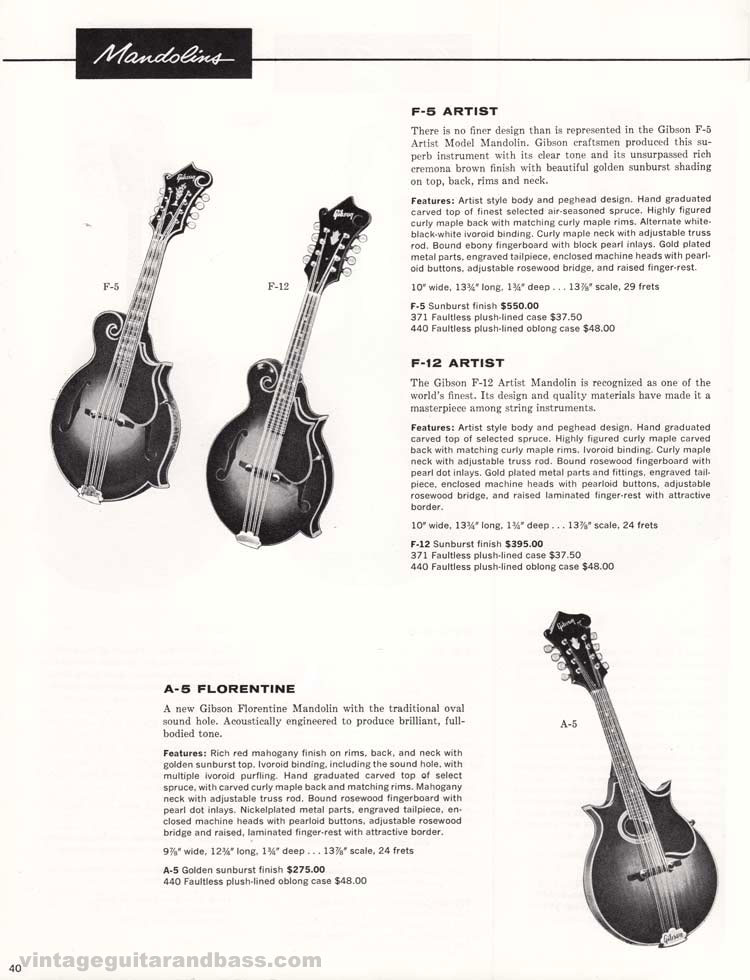 1960 Gibson guitar and amplifier catalog, page 40: Gibson F-5 Artist, F-12 Artist and A-5 Florentine Mandolins