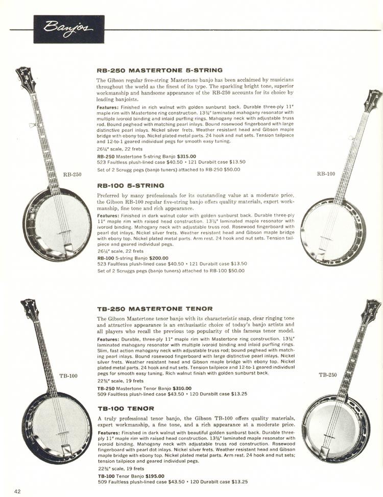 1960 Gibson guitar and amplifier catalog, page 42: Gibson RB-100, RB-250, TB-100 and TB-250 banjos