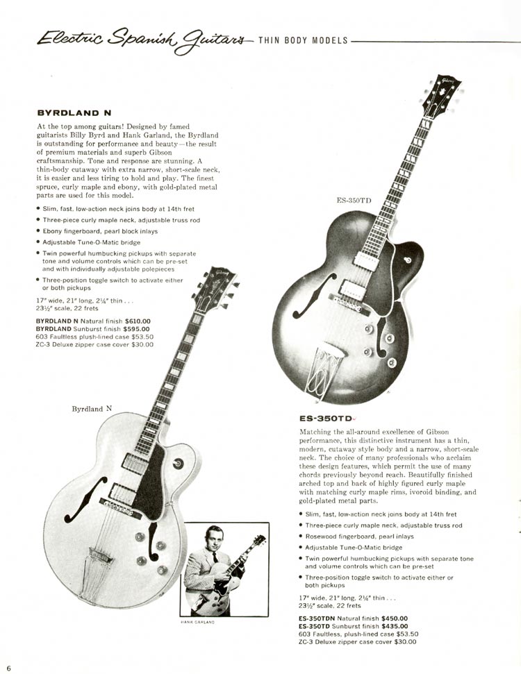 1960 Gibson guitar and amplifier catalog, page 6: Gibson Byrdland and ES-350TD