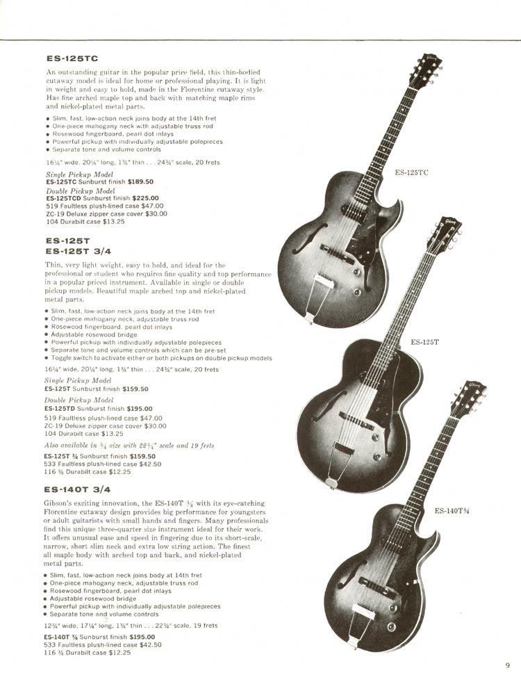 1960 Gibson guitar and amplifier catalog, page 9: Gibson ES-125TC, ES-125T and ES-140T 3/4 electric thinline guitars