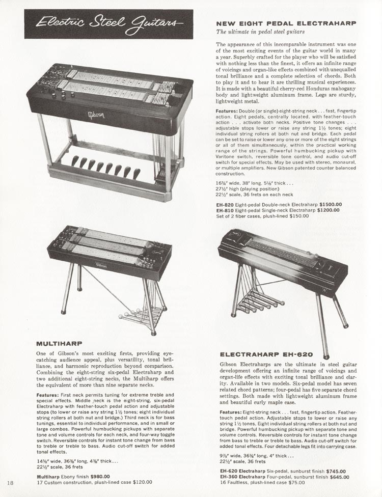 1962 Gibson electric guitars and amplifiers catalog, page 18: Gibson Multiharp, EH-620, EH-630, EH-810, EH-820