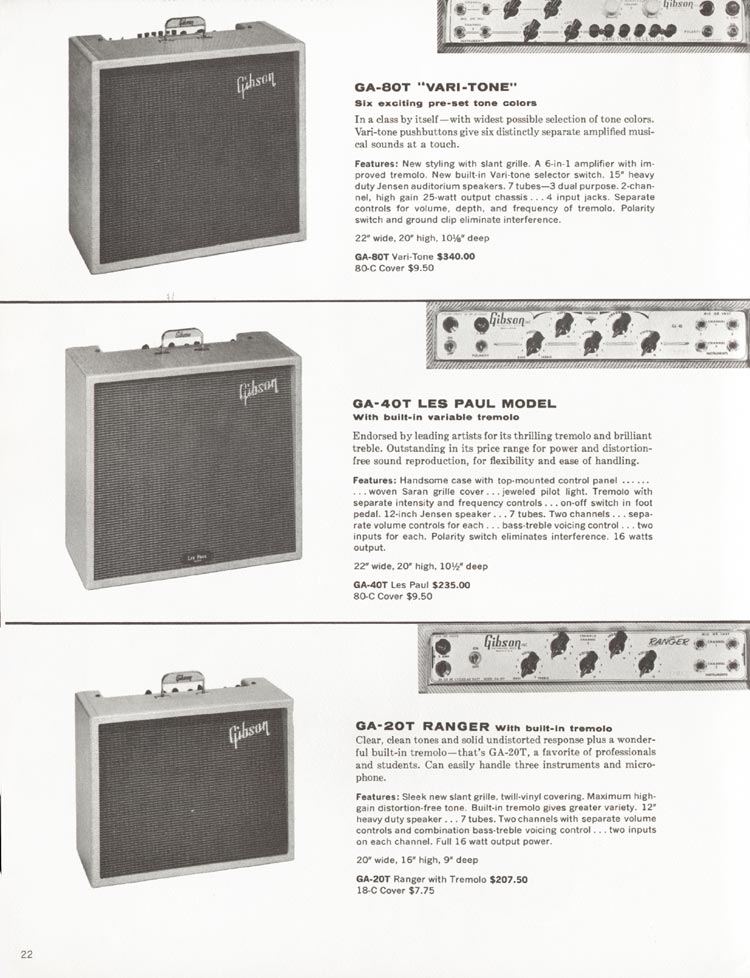 1962 Gibson electric guitars and amplifiers catalog, page 22: Gibson GA-20T Ranger, GA-40T Les Paul Model and GA-80T Vari-Tone amplifiers