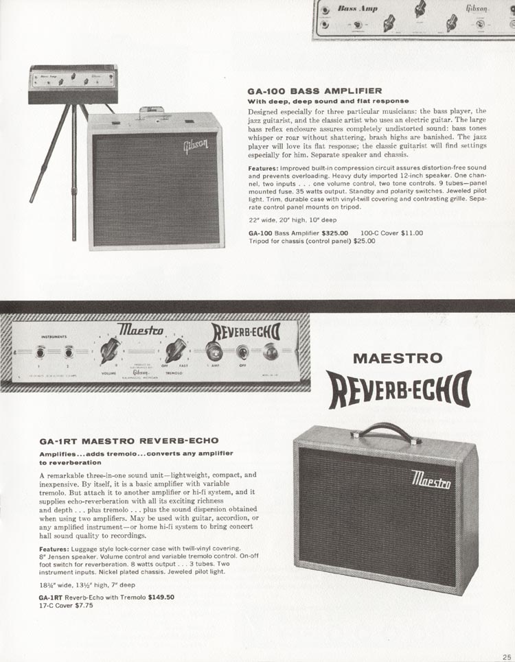 1962 Gibson electric guitars and amplifiers catalog, page 25: the GA-1RT Maestro Reverb Echo and GA-100 Bass amplifiers