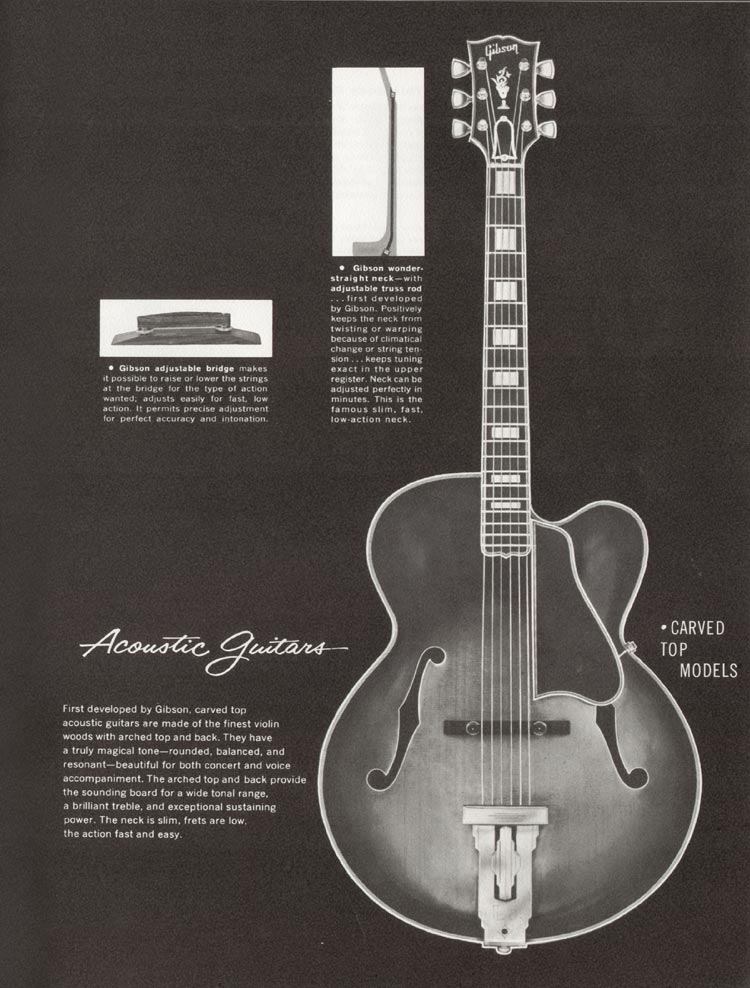1962 Gibson electric guitars and amplifiers catalog, page 39: carved top acoustics