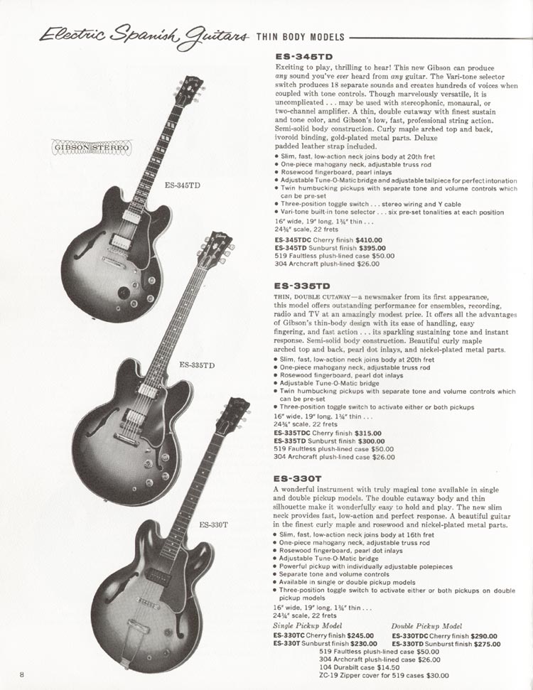 1962 Gibson electric guitars and amplifiers catalog, page 8: Gibson ES-345TD, ES-335TD and ES-330T