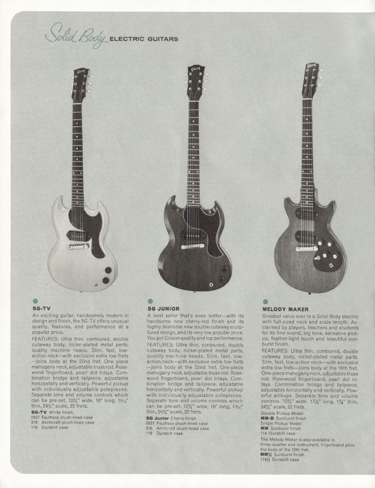 1964 Gibson electric guitars catalog, page 12: SG-TV, SG Junior and Melody Maker