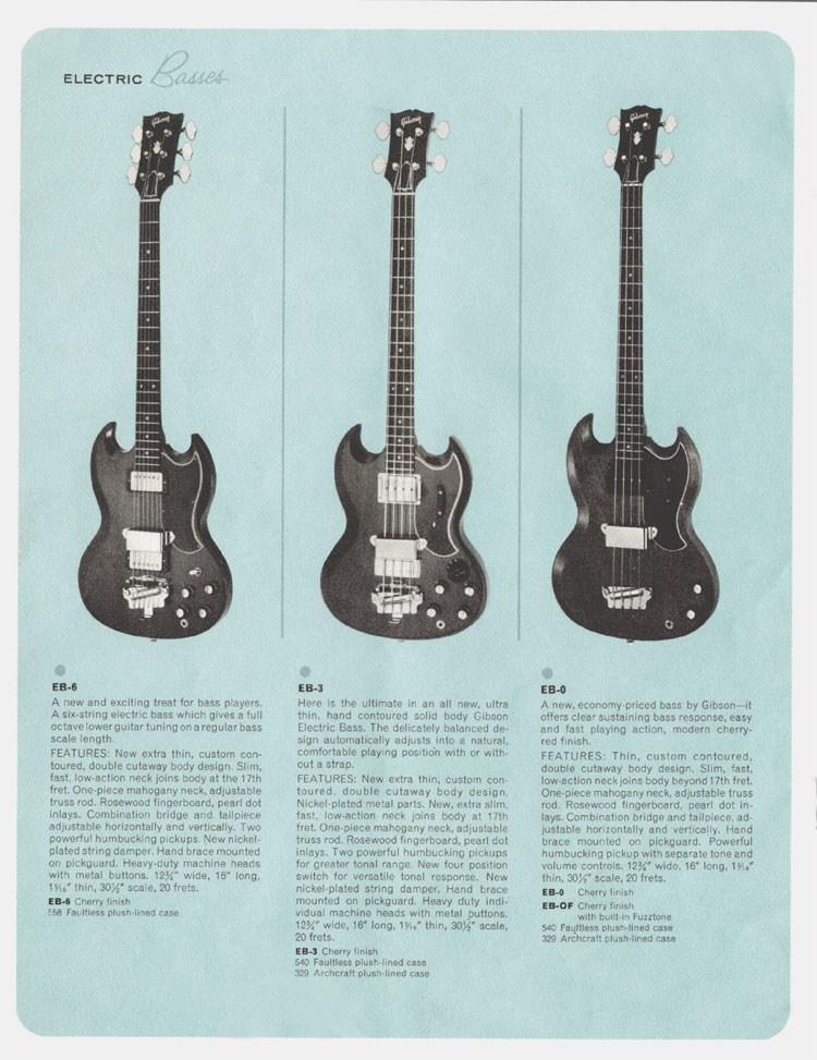1964 Gibson electric guitars catalog, page 14: Gibson EB-0, EB-3 and EB-6 bass guitars
