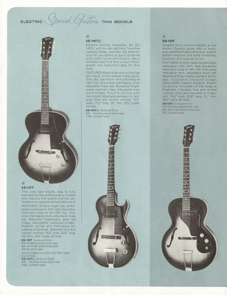 1964 Gibson electric guitars catalog, page 8: Gibson ES140 3/4, ES125T and ES120T