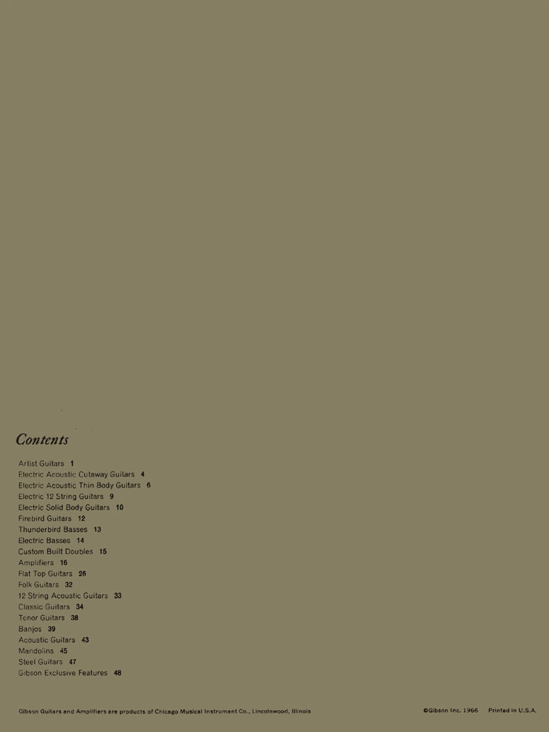 1966 Gibson Guitars & Amplifiers catalog, index page