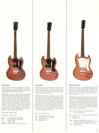 1966 Gibson Guitars & Amplifiers catalog, page 11 - Gibson SG Special, SG Junior and Melody Maker