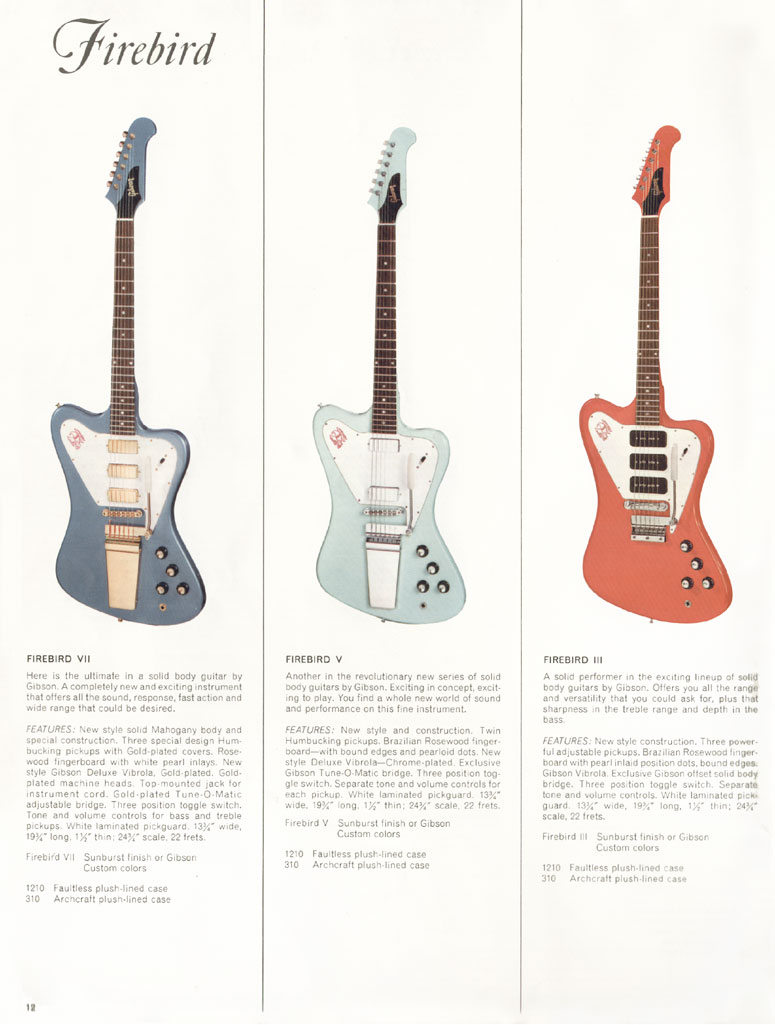1966 Gibson Guitars & Amplifiers catalog, page 12: Gibson Firebird III, V and VII