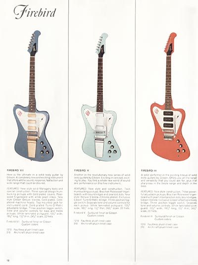 1966 Gibson Guitars & Amplifiers catalog, page 12 - Gibson Firebird III, V and VII