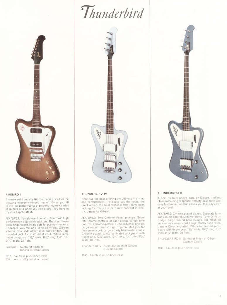 1966 Gibson Guitars & Amplifiers catalog, page 13: Firebird I, Thunderbirds II and IV