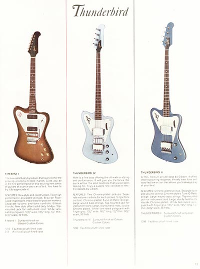 1966 Gibson Guitars & Amplifiers catalog, page 13 - Gibson Firebird I, Thunderbird II and IV