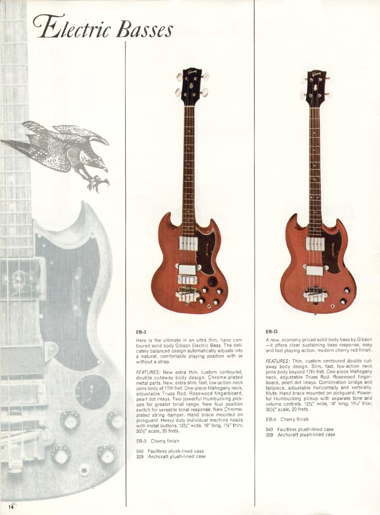 1966 Gibson Guitars & Amplifiers catalog, page 14: Gibson EB-0 and EB-3 bass