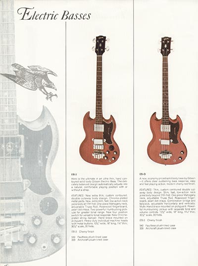1966 Gibson Guitars & Amplifiers catalog, page 14 - Gibson EB-O and EB-3 basses