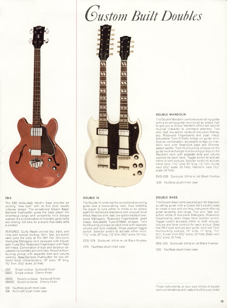 1966 Gibson Guitars & Amplifiers catalog, page 15: EB-2 bass and EDS-1275 double neck guitar