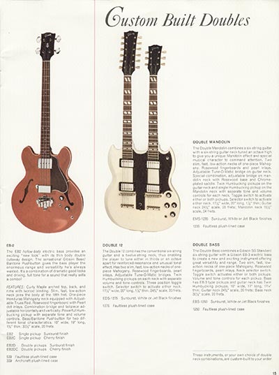 1966 Gibson Guitars & Amplifiers catalog, page 15 - Gibson EB-2 bass, and Double Bass, Double 12 and Double Mandolin doublenecks