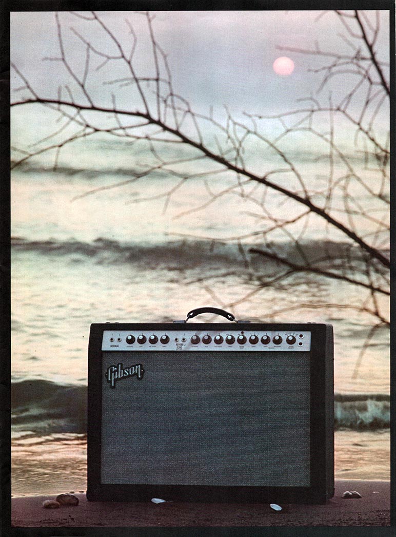1966 Gibson Guitars & Amplifiers catalog, page 17 illustrates the Gibson amplifiers section of this catalog with the new Gibson Vanguard GA-77RET