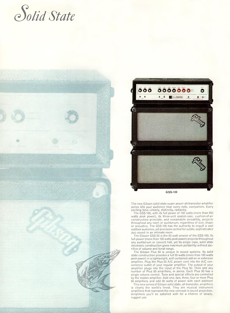 1966 Gibson Guitars & Amplifiers catalog, page 18 - solid state Gibson GSS-100 amplifier