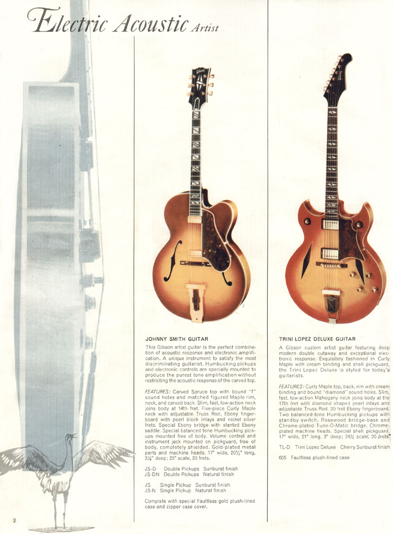 1966 Gibson Guitars & Amplifiers catalog, page 2: Gibson Johnny Smith and Trini Lopez Deluxe