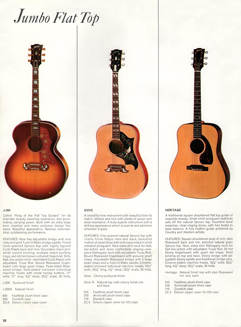 1966 Gibson Guitars & Amplifiers catalog, page 28 - Gibson J-200, Dove and Heritage flat top acoustics