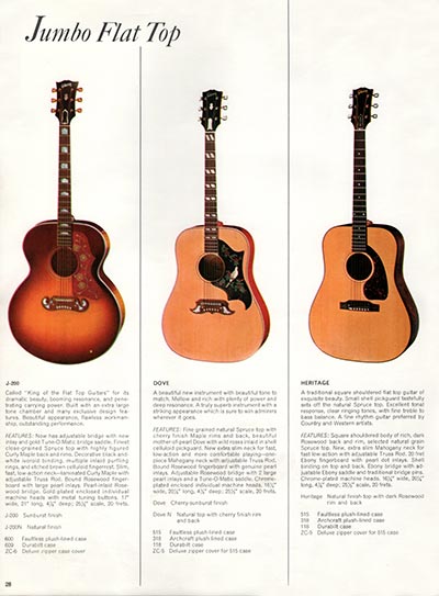 1966 Gibson Guitars & Amplifiers catalog, page 28 - Gibson J-200, Dove and Heritage flat top acoustic guitars