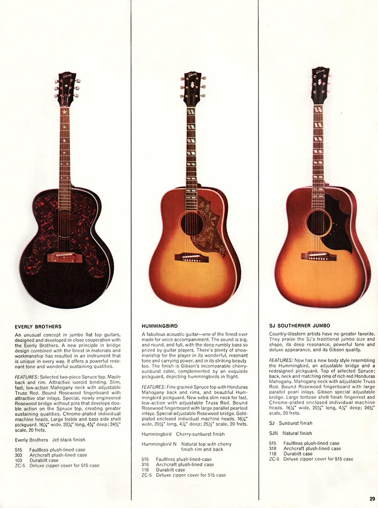 1966 Gibson Guitars & Amplifiers catalog, page 29 - Gibson Everly Brothers, Hummingbird and Southern Jumbo flat top acoustic guitars