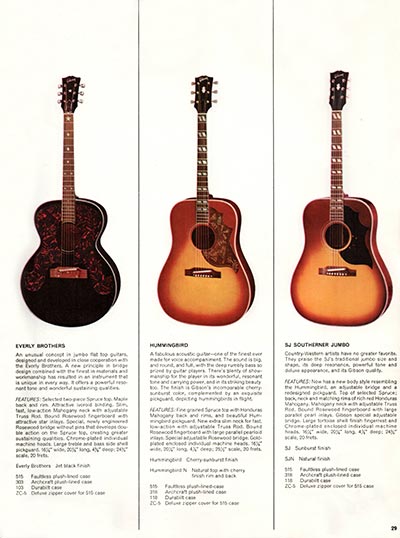 1966 Gibson Guitars & Amplifiers catalog, page 29 - Gibson Everly Brothers, Hummingbird and Southern Jumbo flat top acoustic guitars