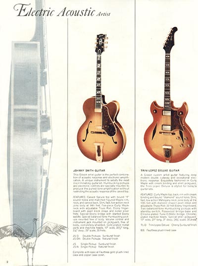 1966 Gibson Guitars & Amplifiers catalog, page 2 - Johnny Smith and Trini Lopez Deluxe