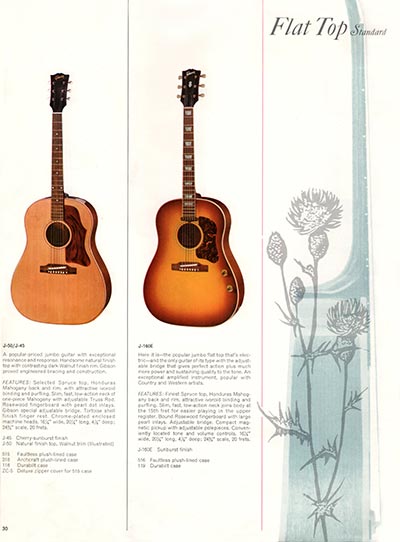 1966 Gibson Guitars & Amplifiers catalog, page 30 - Gibson J-45, J-50 and J-160E flat top acoustic guitars
