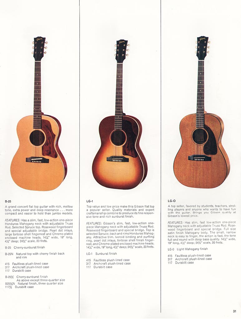 1966 Gibson Guitars & Amplifiers catalog, page 31 - Gibson B-25, LG-0 and LG-1