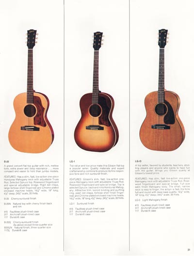 1966 Gibson Guitars & Amplifiers catalog, page 31 - Gibson B-25, LG-0 and LG-1 flat top acoustic guitars