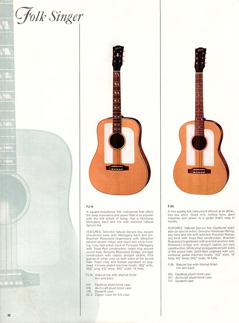 1966 Gibson Guitars & Amplifiers catalog, page 32 - Gibson FJ-N and F-25 folk acoustic guitars