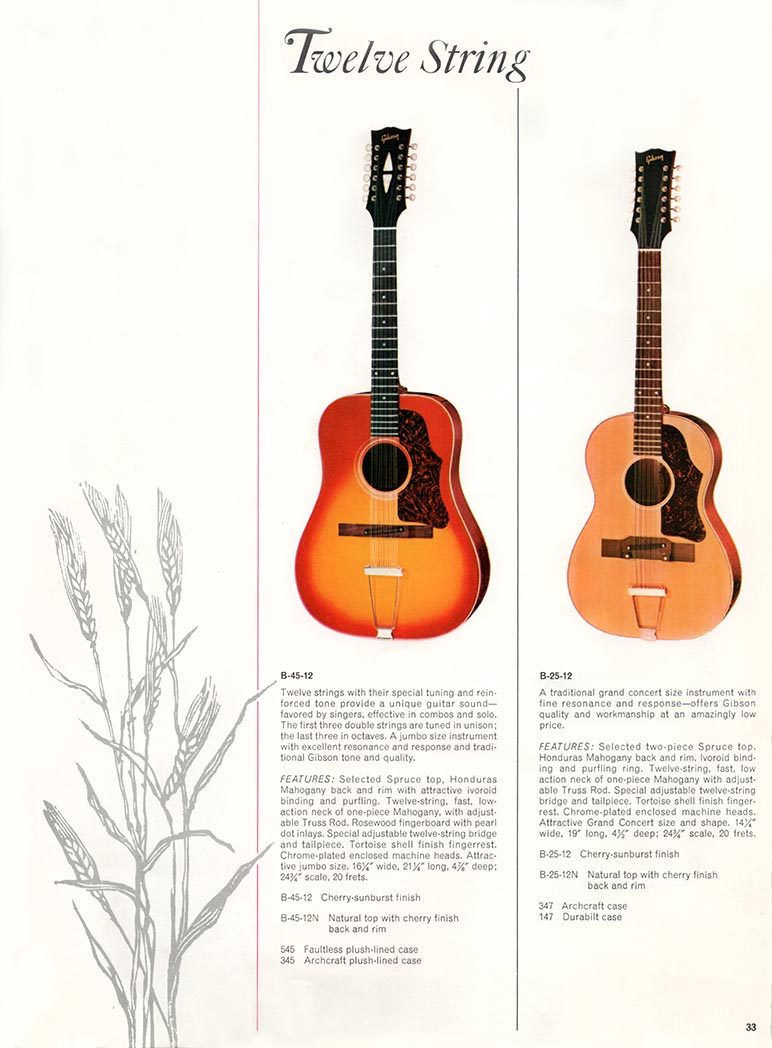 1966 Gibson Guitars & Amplifiers catalog, page 33 - B-45-12 and B-25-12 Twelve String Acoustics