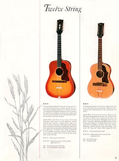 1966 Gibson Guitars & Amplifiers catalog, page 33 - Gibson B-45-12 and B-25-12 twelve string acoustic guitars