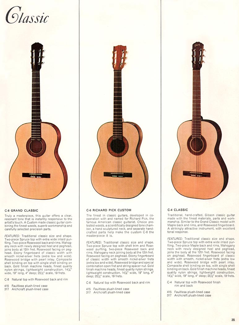 1966 Gibson Guitars & Amplifiers catalog, page 35 - Gibson C-8 Grand Classic, C-6 Richard Pick and C-4 Classic
