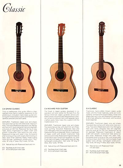 1966 Gibson Guitars & Amplifiers catalog, page 35 - Gibson C-8 Grand Classic, C-6 Richard Pick Custom and C-4 Classic acoustic guitars