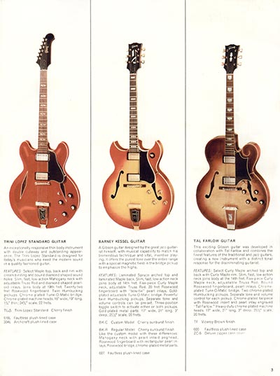 1966 Gibson Guitars & Amplifiers catalog, page 3 - Trini Lopez Standard, Barney Kessel and Tal Farlow
