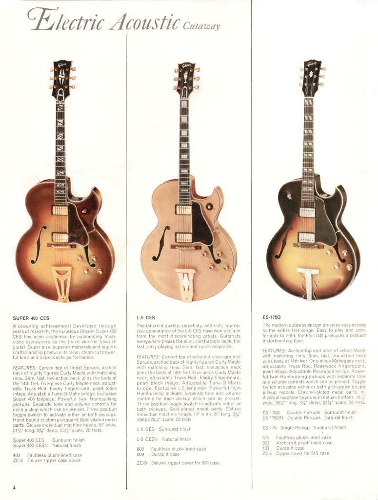 1966 Gibson Guitars & Amplifiers catalog, page 4: Super 400 CES, L-5 CES and the ES-175D