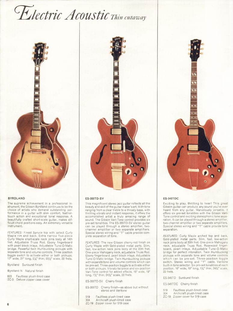 1966 Gibson Guitars & Amplifiers catalog, page 6: Gibson Byrdland, ES-355TD-SV, and ES-345TD