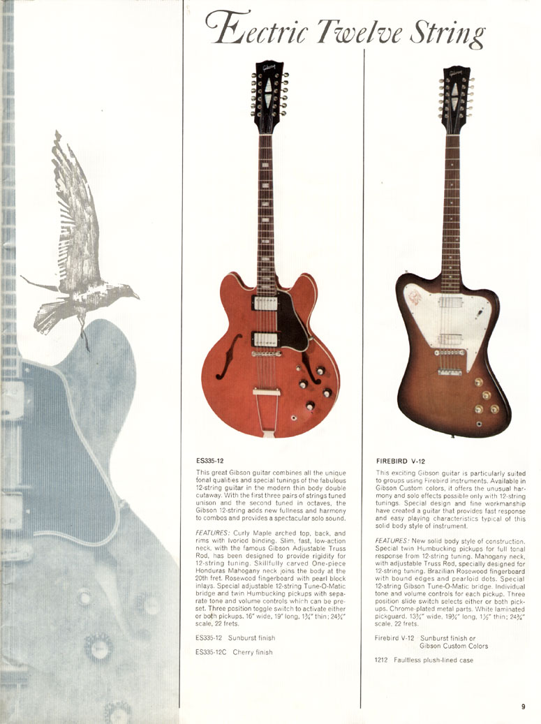 1966 Gibson Guitars & Amplifiers catalog, page 9: Gibson ES-335-12, and Firebird V-12